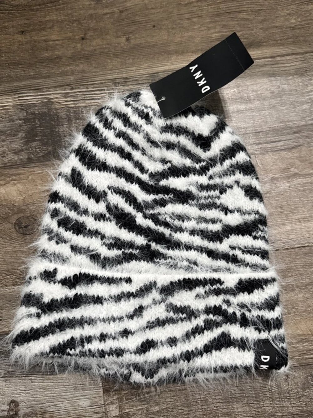 NWT DKNY Fuzzy Zebra Animal Print Beanie Black/White MSRP $36
